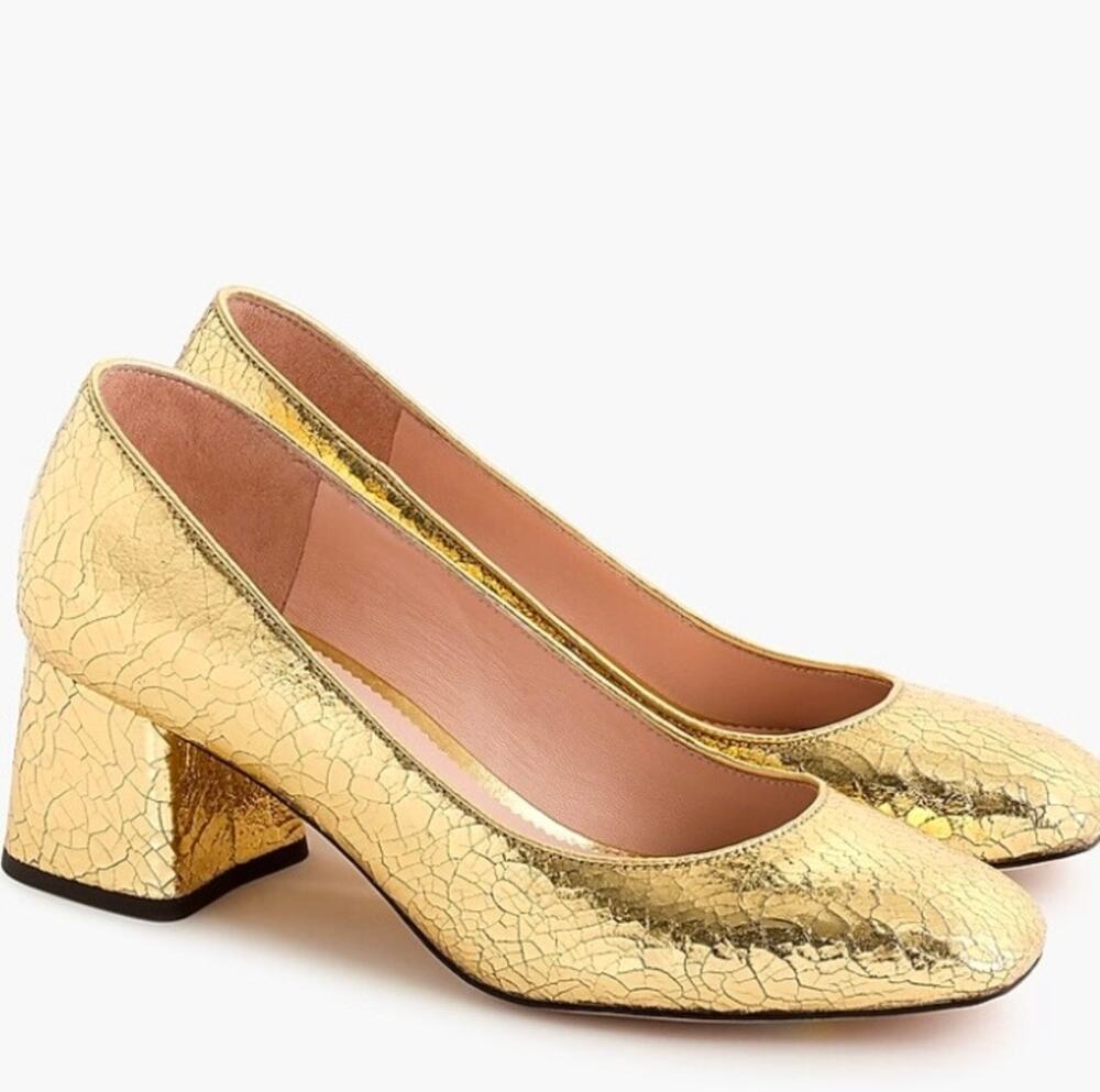 J Crew Cecelia Gold Crackle Leather Block Heel Pumps Size 7.5 Metallic NWOB